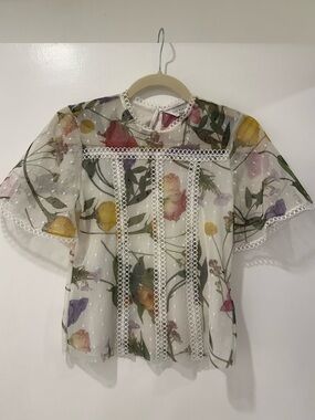 Ted Baker Floral Lace-Trim Blouse - White with Multi Floral Print